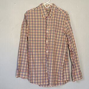 Duluth Trading Shirt Mens Size Large Orange Blue Yellow Plaid Button Up Business